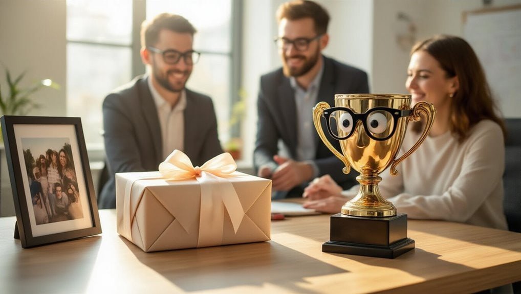 Golden trophy with novelty glasses, birthday gift box, and family photo on table during celebration event.