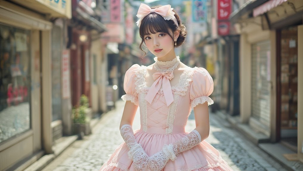 Elegant young woman in pastel pink Victorian-inspired dress with lace gloves, standing on a charming vintage street during Sale is Live promotion.