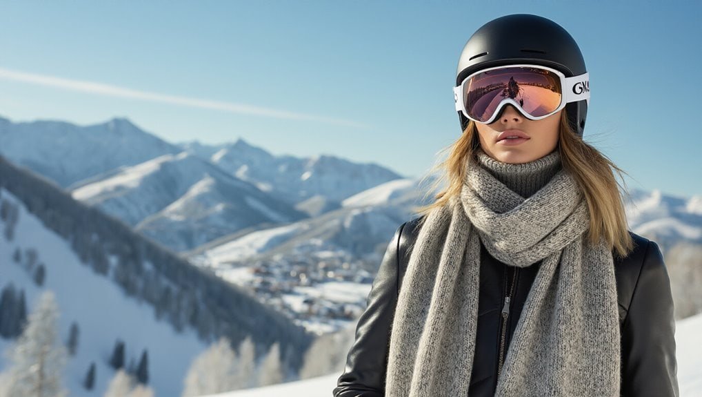 Stylish woman in ski helmet and goggles enjoying winter mountain scenery, highlighting winter sports gear, outdoor adventure, and skiing apparel for active lifestyles.