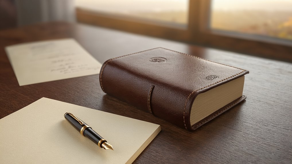 Elegant leather-bound planner with a fountain pen and notepad, ideal for business or personal organization, emphasizing productivity and professional success.