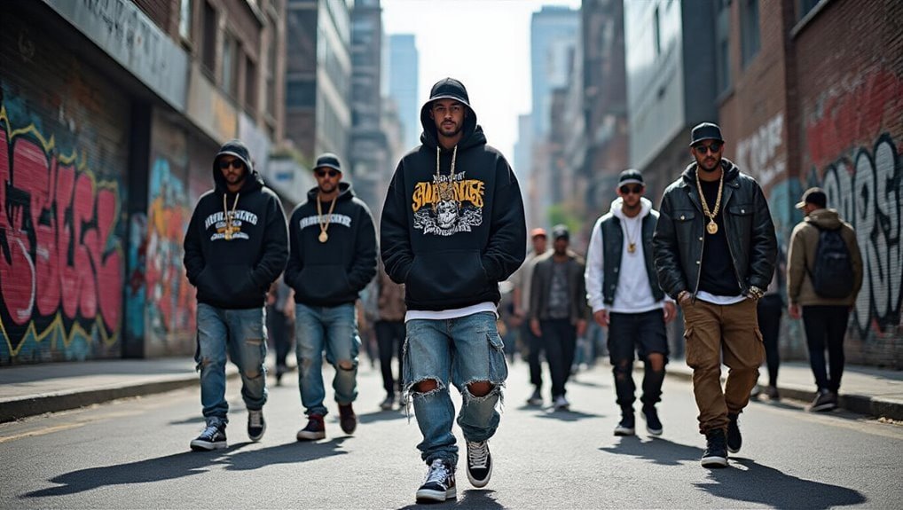 Bold group of young men walking confidently in urban street with graffiti, showcasing streetwear style and accessories, perfect for fashion and urban lifestyle inspiration.