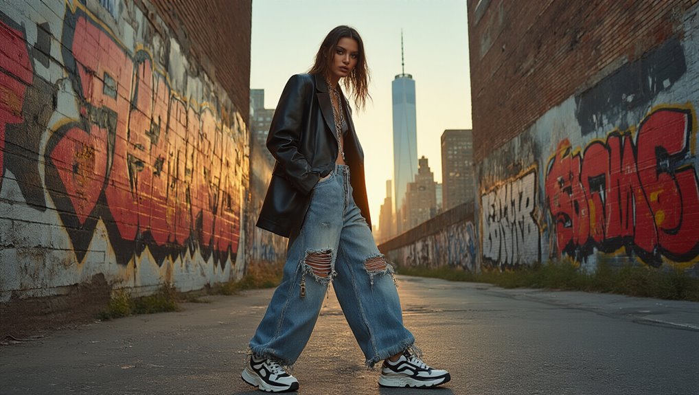 Youthful street style fashion featuring a young woman in oversized ripped jeans, black leather jacket, and trendy sneakers on urban graffiti-covered alley with city skyline backdrop.