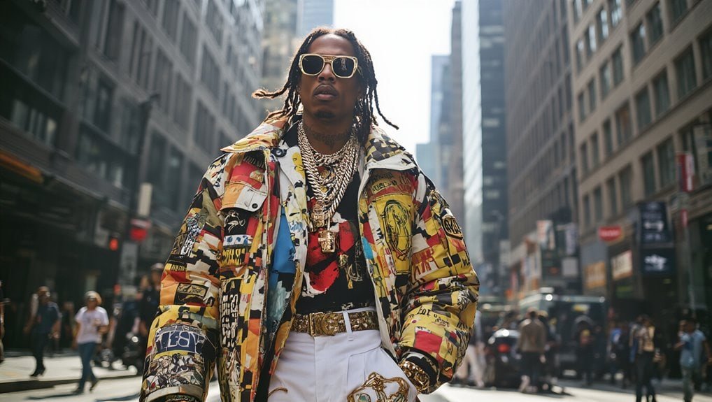 Versace-inspired street fashion featuring a bold, colorful patchwork jacket, layered jewelry, and luxury accessories in an urban setting, perfect for stylish city outings and fashion-conscious shoppers.