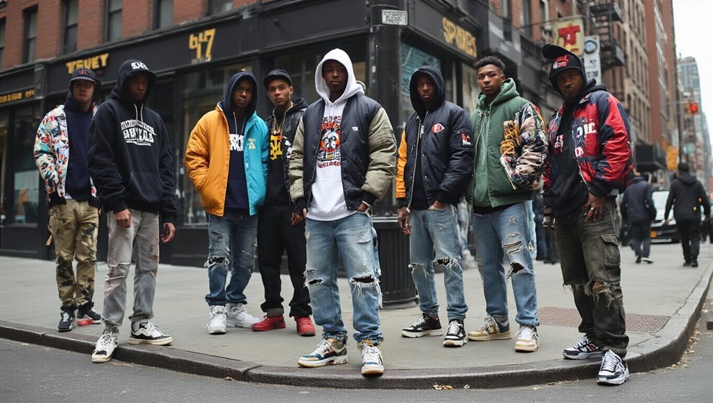 Young men wearing stylish streetwear jackets and hoodies in an urban city setting, showcasing trendy fashion for urban youth. Perfect for fashion enthusiasts and streetwear lovers.