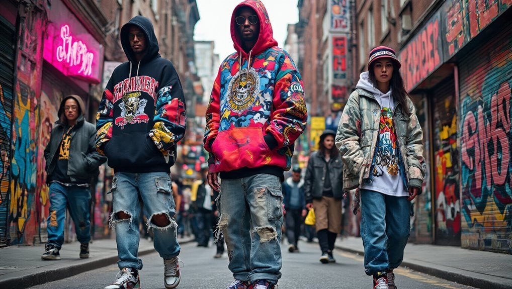 Urban streetwear fashion featuring diverse models in vibrant hoodies and distressed jeans on a graffiti-covered city street, perfect for saleis.live shopping deals.