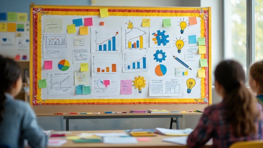 Charts and graphs on a presentation board showcasing business growth and strategies, with colorful sticky notes and illustrations for effective communication, related to sales and marketing planning.