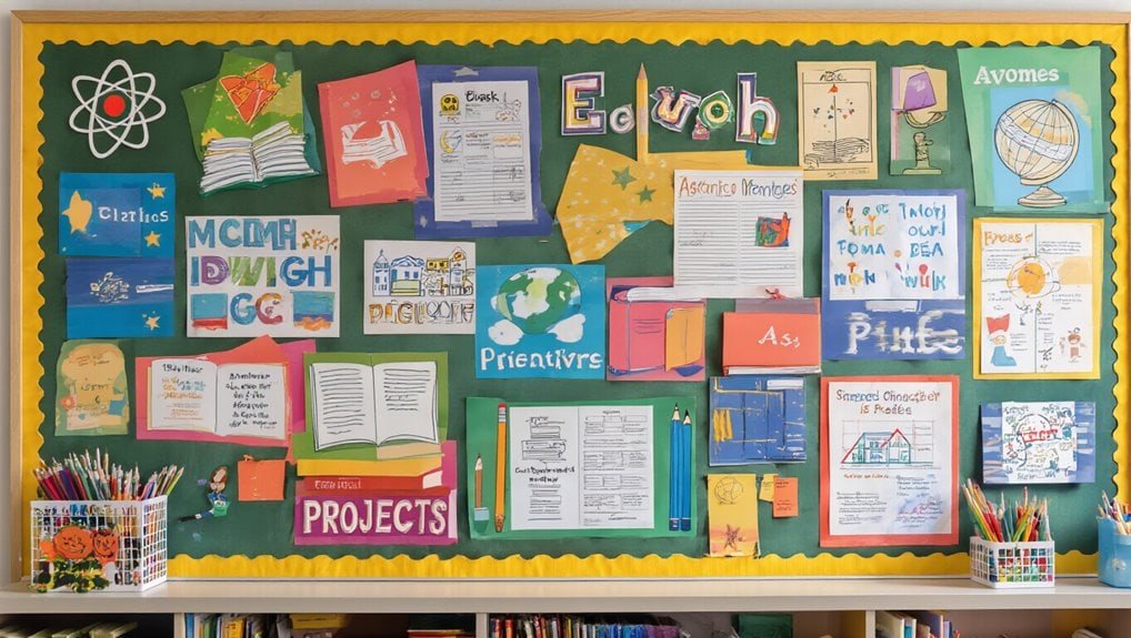 Colorful classroom bulletin board featuring educational posters, student projects, and learning materials about Earth, geography, and science concepts for engaging student learning experiences.