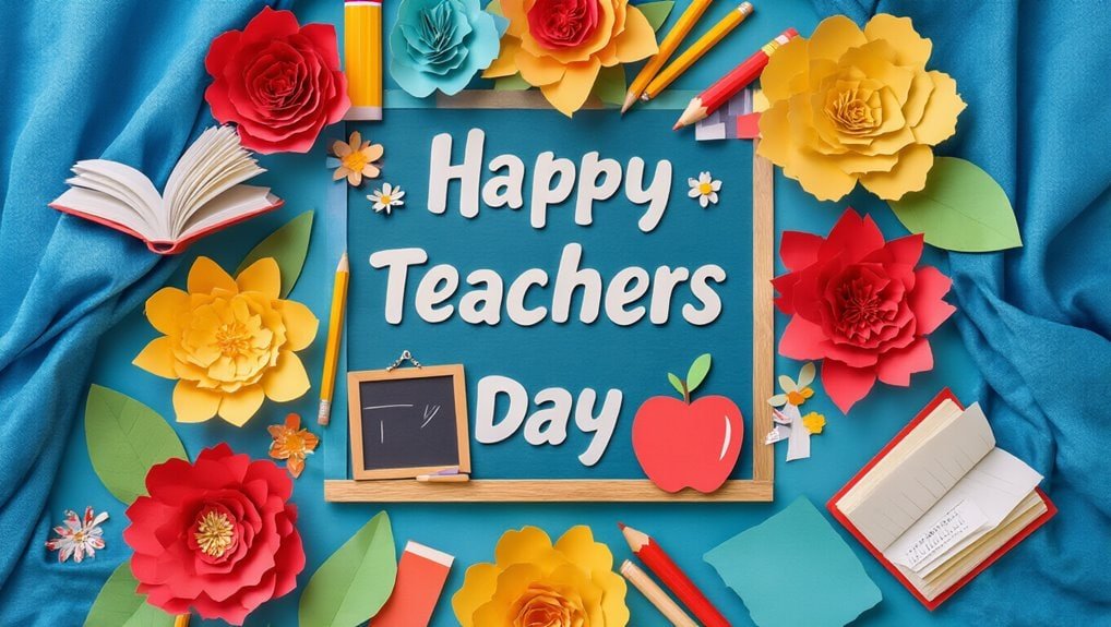Colorful paper flowers and school supplies surrounding a chalkboard with "Happy Teachers Day" message, celebrating educators with vibrant decorations and gratitude symbols.