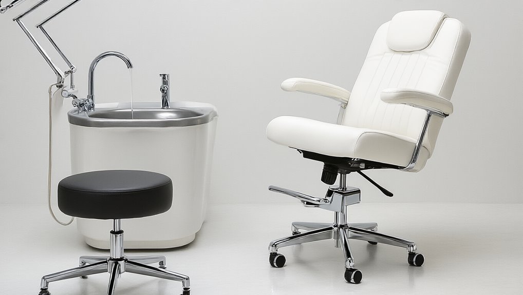 Motionless white leather medical chair and sterile equipment in modern clinic setting.