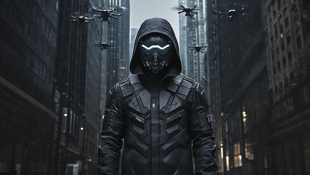 Futuristic sci-fi soldier wearing advanced armor and helmet in a dark urban cityscape with drone surveillance, representing cutting-edge military technology and modern security solutions.