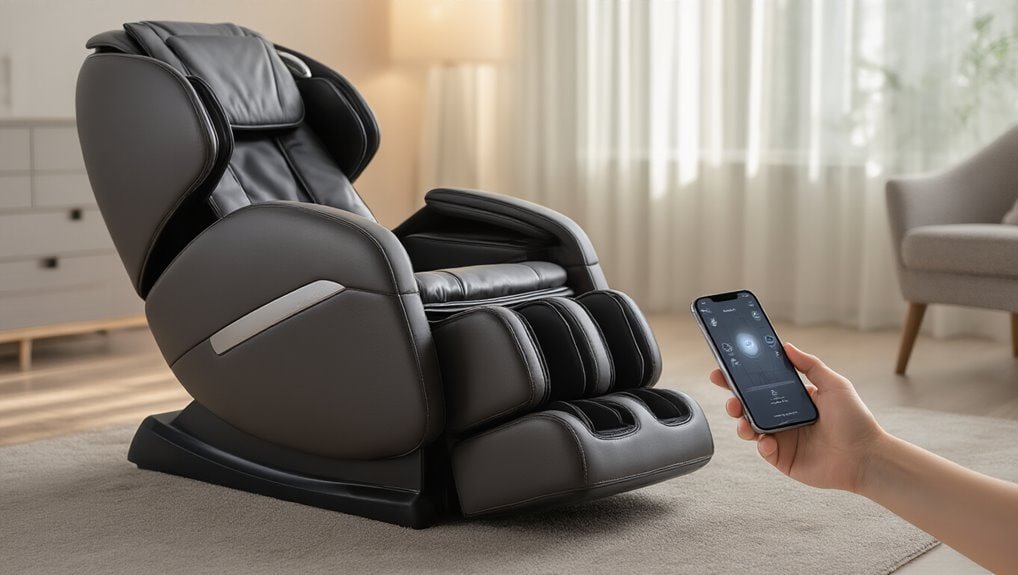 Comfortable black massage chair with remote control on a living room floor, promoting relaxation and home spa experiences. Perfect for wellness and ergonomic comfort during sales events.