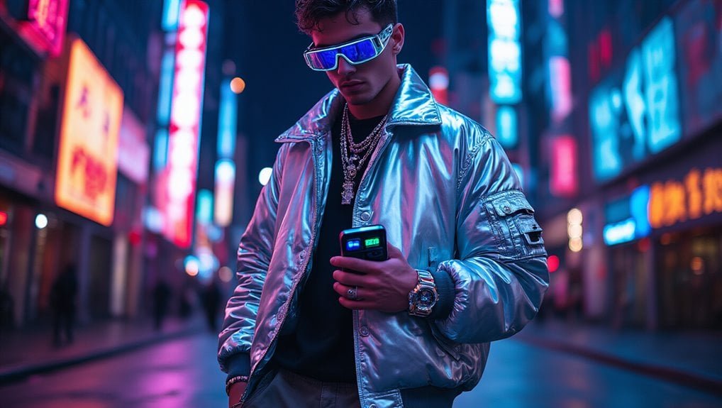 Bright neon-lit city street at night showcasing a trendy young man shopping with a modern electronic device, emphasizing the latest tech deals and sales event.