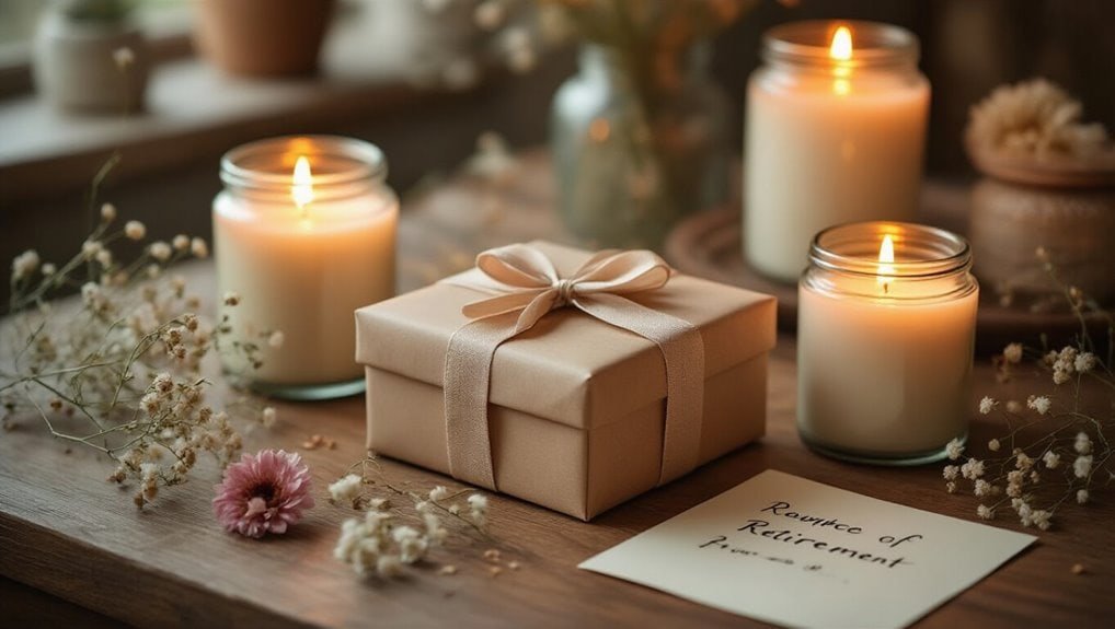 Luxury gift box with a satin ribbon surrounded by candles, flowers, and a "Revenge of Retirement" card, perfect for special occasions and celebrations.