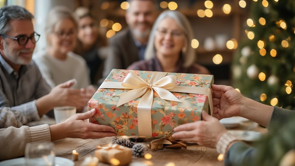 Beautiful group of people exchanging holiday gifts during Christmas celebration, joyful festive atmosphere, warm lights, Christmas tree in background, focus on wrapped gift with ribbon.