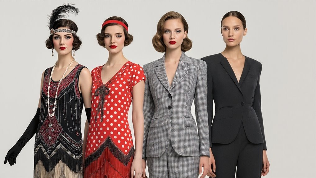 Elegant women dressed in vintage and modern business attire, showcasing fashion styles suitable for professional and formal occasions. The image emphasizes stylish outfits perfect for sales and retail environments.