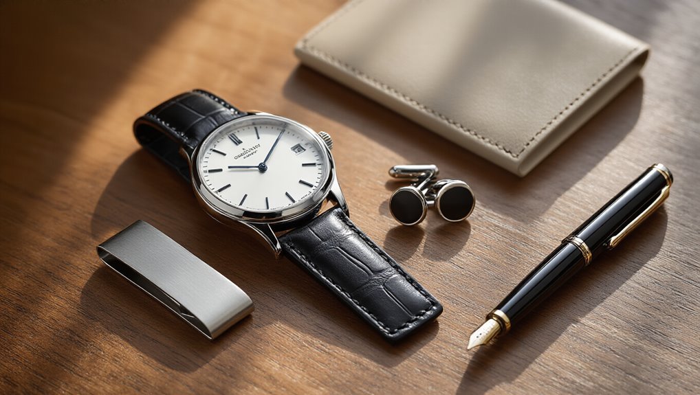Elegant men's watch with black leather strap and classic white dial, displayed alongside sophisticated accessories including cufflinks, pen, wallet, and money clip on a wooden surface.