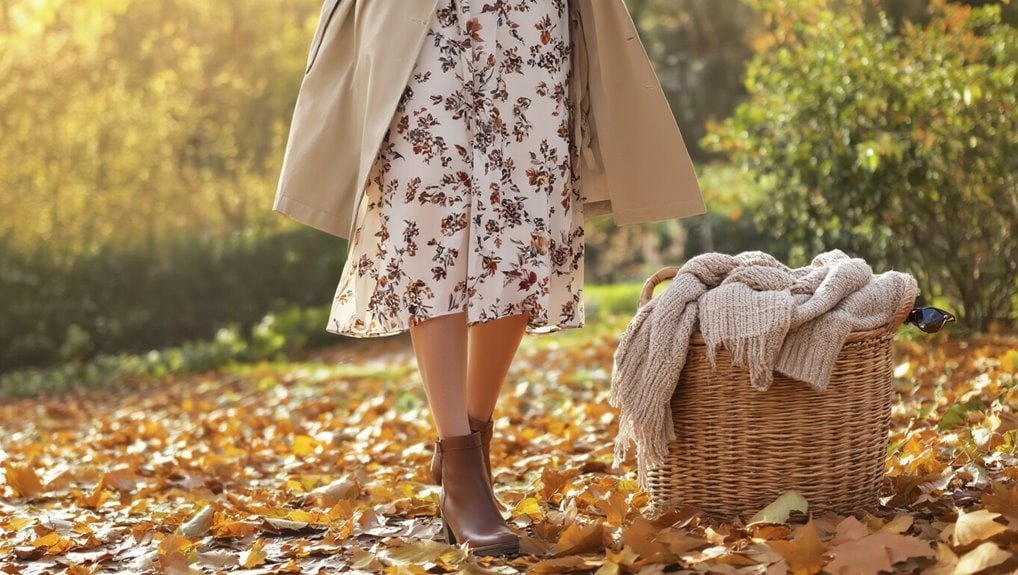 Cozy autumn fashion scene with a floral dress, beige trench coat, and ankle boots amidst fall leaves; perfect for fall sale shopping.