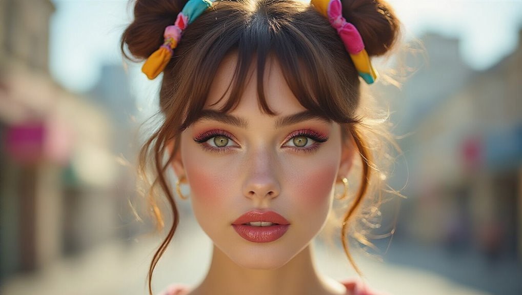 Vibrant young woman with colorful hair accessories and flawless makeup, representing the perfect look for a lively sale event, and inspiring fashion-forward purchases during sale season.