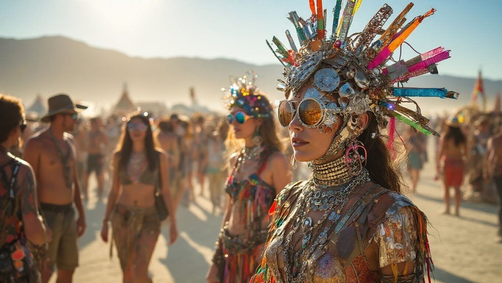 Flower-shaped headwear with colorful decorations and sunglasses at a vibrant festival, showcasing bohemian and festival fashion styles for outdoor events and celebrations, vibrant and eclectic attire.