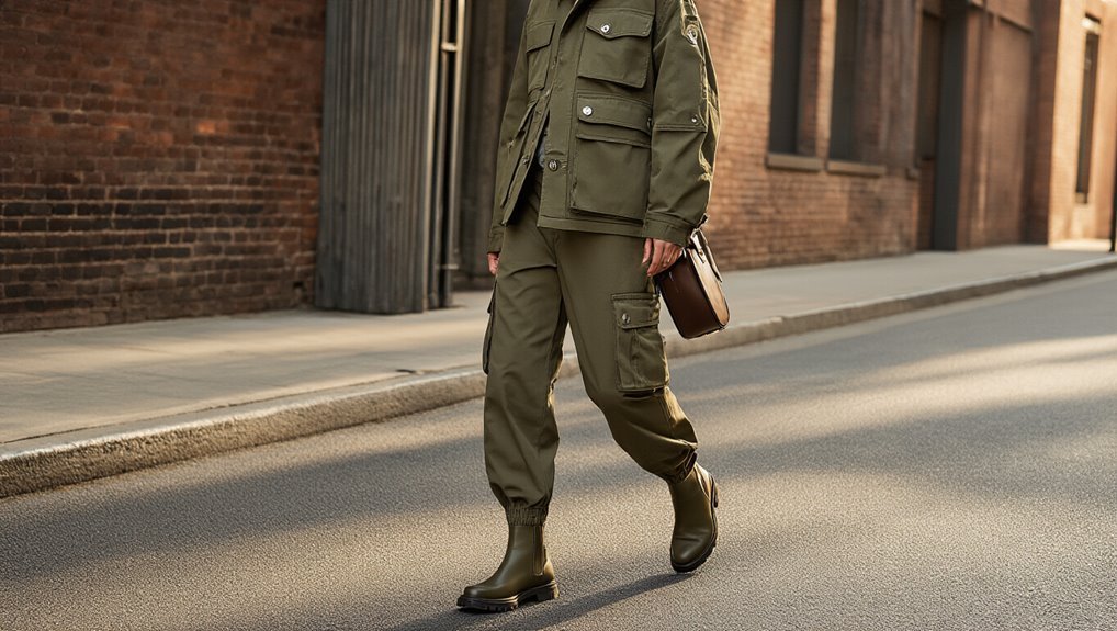 Stylish military-inspired olive green tactical cargo outfit with waterproof boots, perfect for urban outdoor wear and modern fashion statements.