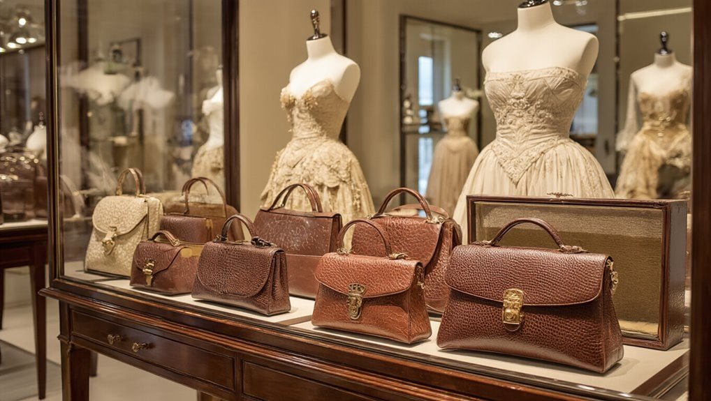 Luxurious vintage leather handbags showcased with elegant wedding dresses in a boutique display. Perfect for wedding accessories and high-end fashion shopping.
