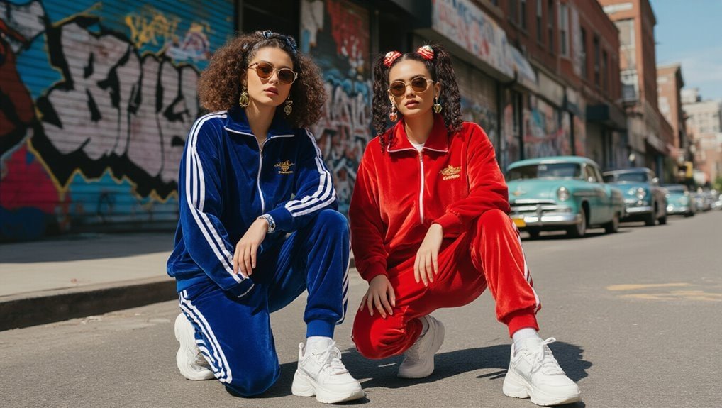 Stylish women in colorful athletic tracksuits posing on city street, emphasizing trendy sportswear, urban fashion, and activewear for sale, suitable for saleislive marketing campaigns.