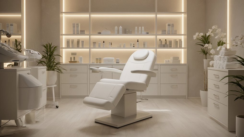Luxury spa treatment room with modern medical recliner, skincare products, and elegant decor, perfect for relaxation and rejuvenation. Ideal for beauty clinics, skincare, and wellness centers.