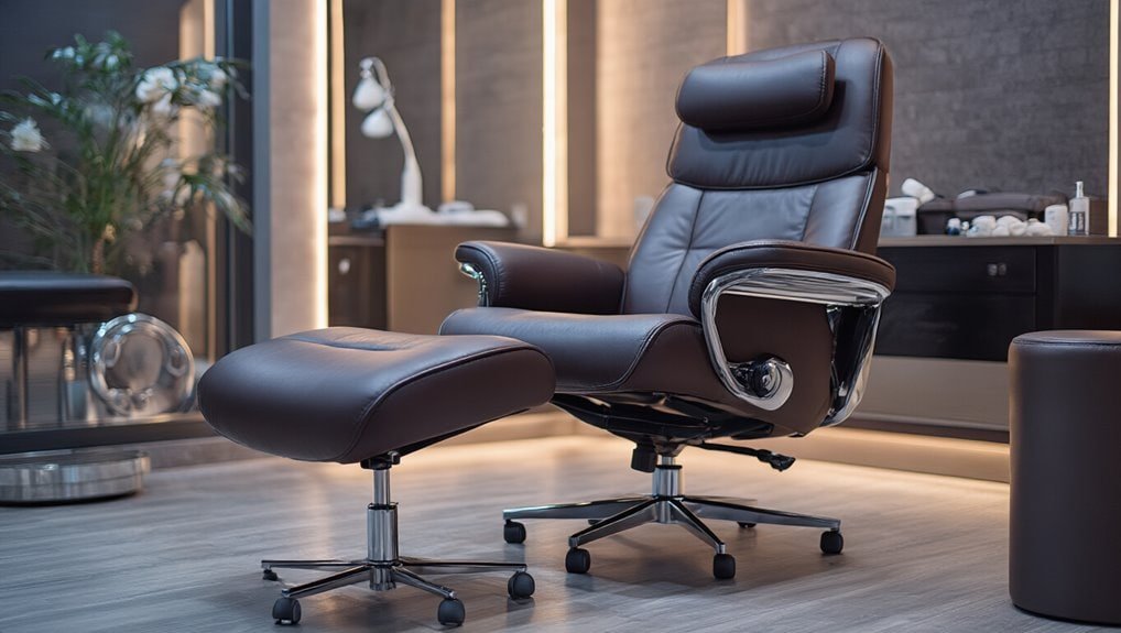 Comfortable leather office chair with matching ottoman in modern workspace setting, perfect for executive comfort and style.