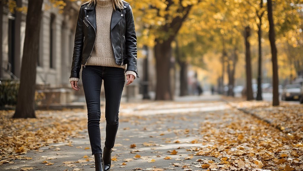 Stylish woman walking in autumn leaves on a city sidewalk, showcasing fall fashion essentials for sale. Perfect for promoting seasonal clothing sales and fall fashion deals.