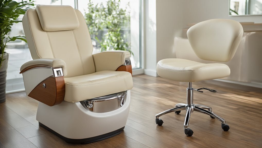 Luxury medical or spa chairs with modern design, beige upholstery, wooden accents, and chrome base, ideal for professional healthcare or beauty salons, in a well-lit, contemporary setting, Sale is Live.