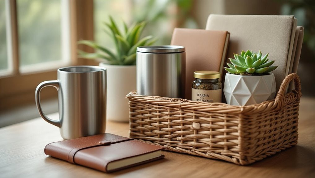 Sophisticated workspace with a wicker desk organizer containing notebooks, plants, and jars, ideal for professionals seeking stylish office essentials and organization solutions.