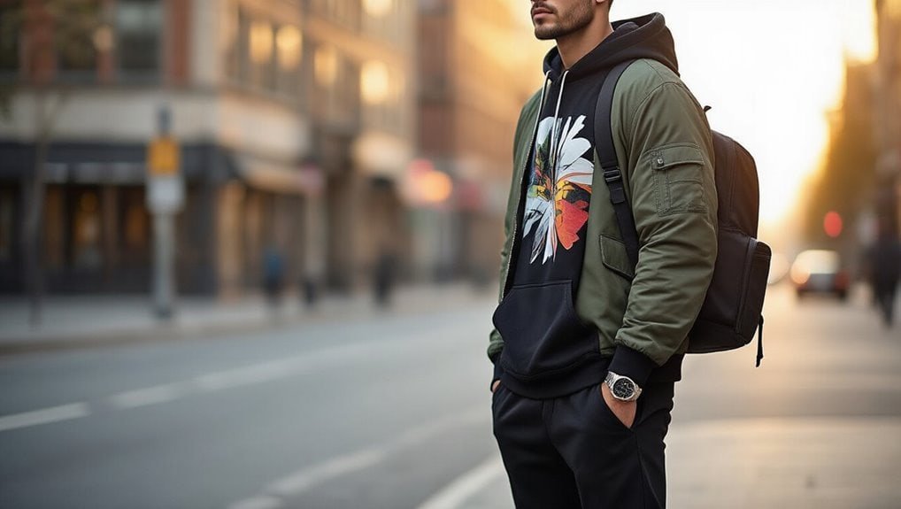 Stylish man with a backpack standing on city street during sunset, wearing casual streetwear for urban fashion and travel.