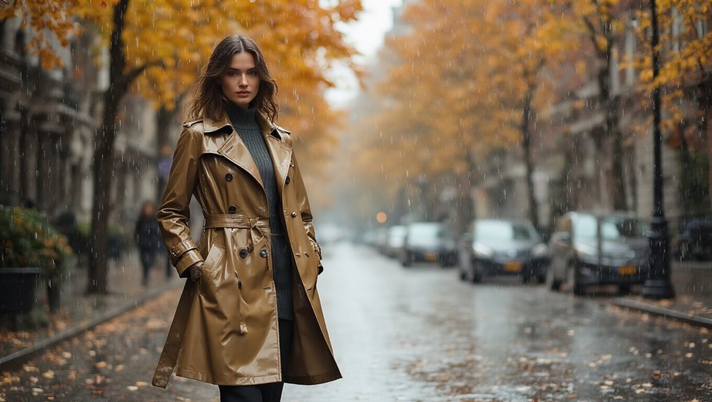 Stylish woman in tan trench coat on rainy autumn city street, perfect for fall fashion sale and outdoor weather.