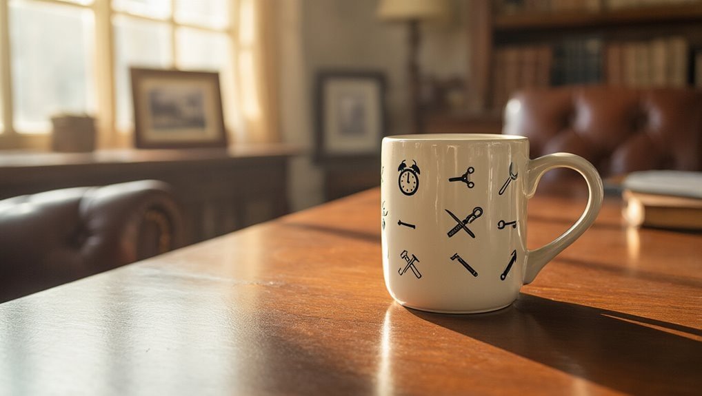Tools-themed ceramic mug with clock, scissors, wrench, and hammer icons, ideal for office or workshop use. Perfect for DIY enthusiasts and professionals.