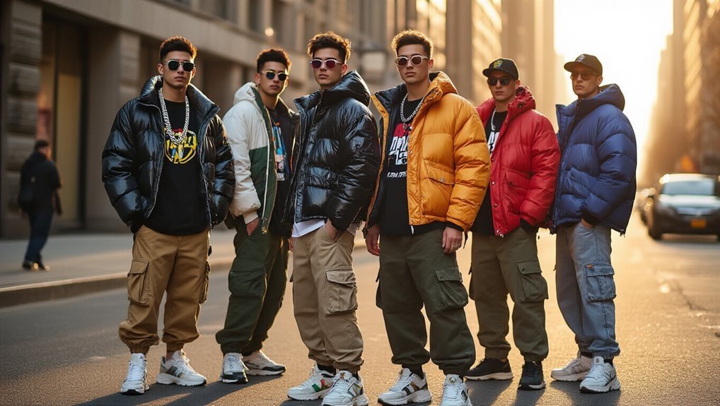 Youth streetwear fashion with puffer jackets and cargo pants on urban city street at sunset, showcasing trendy winter clothing for sale.