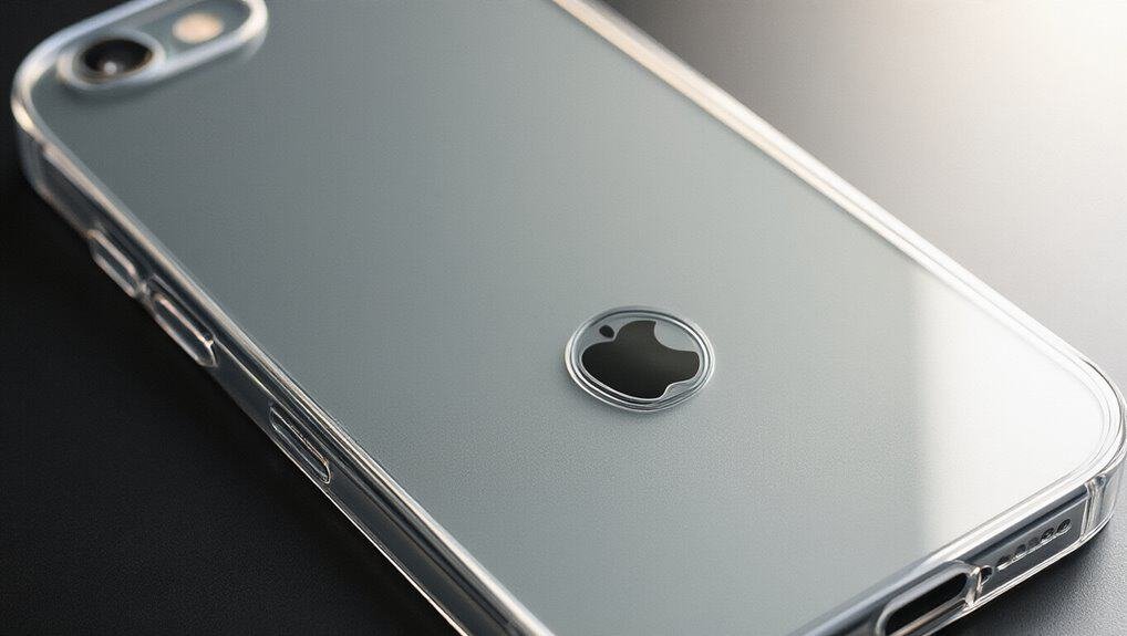 High-quality clear smartphone with a sleek, modern design and Apple logo, perfect for showcasing the latest technology for sale or discounts during sale events.
