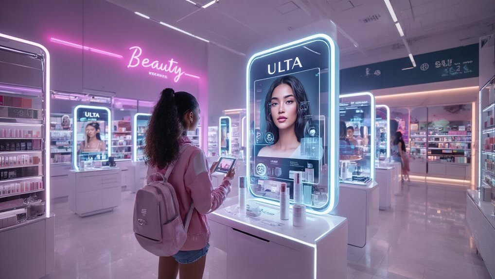 Vibrant digital beauty store with illuminated ULTA mirror displays, futuristic design, and pink neon "Beauty" sign, showcasing cosmetics & skincare products in a shopping environment perfect for beauty enthusiasts.