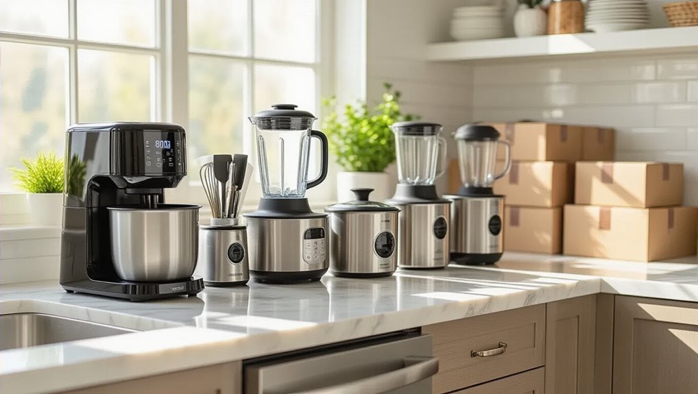 Stainless steel kitchen appliances including blender, coffee maker, and food processor on a white marble countertop during a sale event.