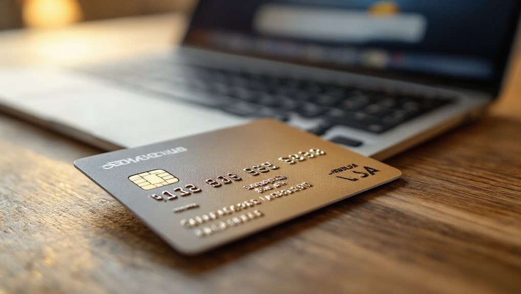Premium gold credit card placed on wooden desk with laptop in background, highlighting secure online shopping and exclusive offers.