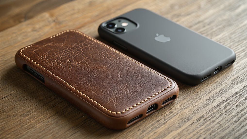Protective brown leather phone case for iPhone, designed for durability and style. Compatible with wireless charging and charging ports, perfect for everyday use.