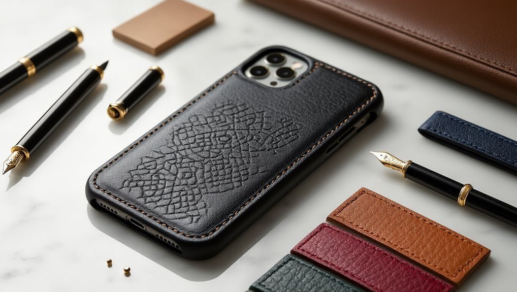 Black leather iPhone case with textured crocodile pattern, alongside premium pens, notebooks, and wallet accessories for stylish tech protection and office essentials.