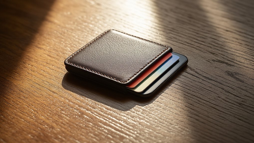 Credit card wallet on wooden surface with sunlight, showcasing secure card storage for shopping deals.