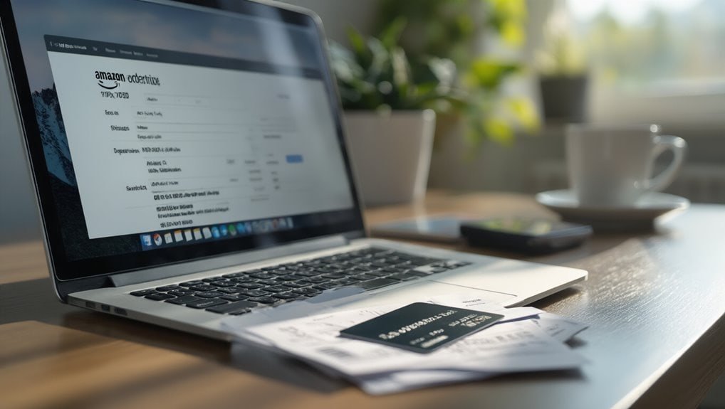 Amazon shopping online checkout process with credit card on laptop screen, digital commerce, online shopping technology, Sale is Live promotion, SEO-optimized ecommerce image.