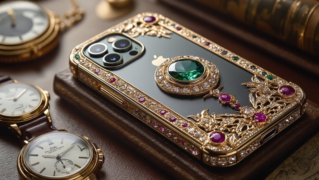 Luxurious gold and jeweled iPhone case with emerald accents, surrounded by elegant vintage wristwatches, showcasing opulent accessories for high-end tech and jewelry enthusiasts.