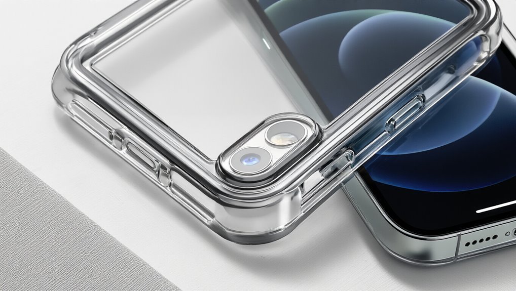 Clear smartphone with protective case on white surface, highlighting device durability and modern tech design.
