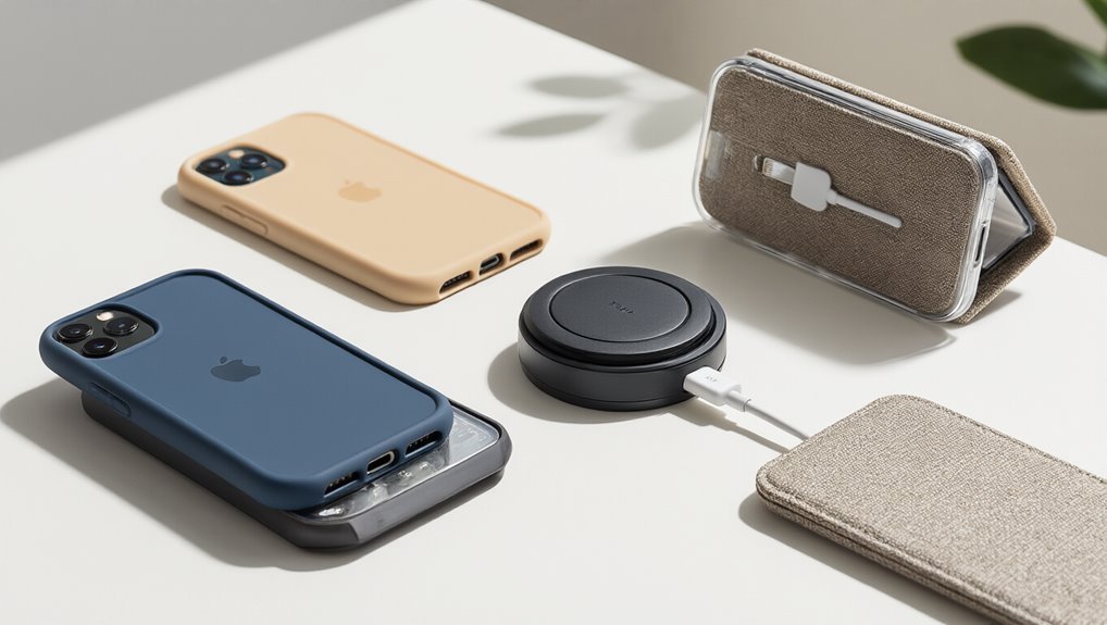 Wireless charging station for iPhones and accessories, including cases, portable power bank, and stylish storage cases, perfect for tech-savvy users.