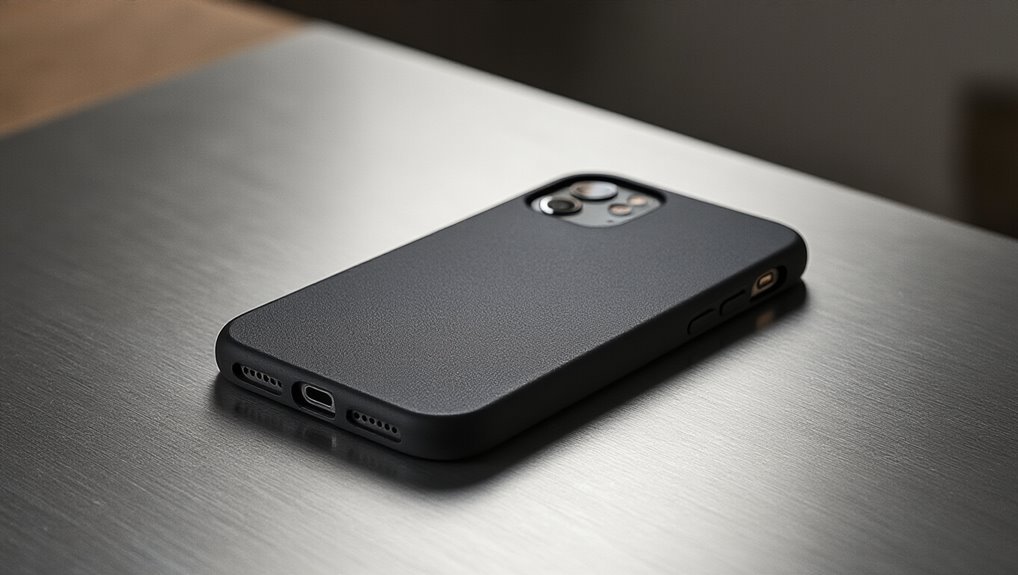 Modern black smartphone with a sleek protective case on a metallic surface, emphasizing the latest tech gadgets and accessories.