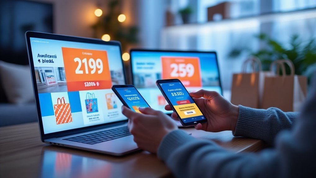 Bright laptop and smartphone displaying online sale deals with shopping discounts, emphasizing sale is live, digital shopping, and discount offers.