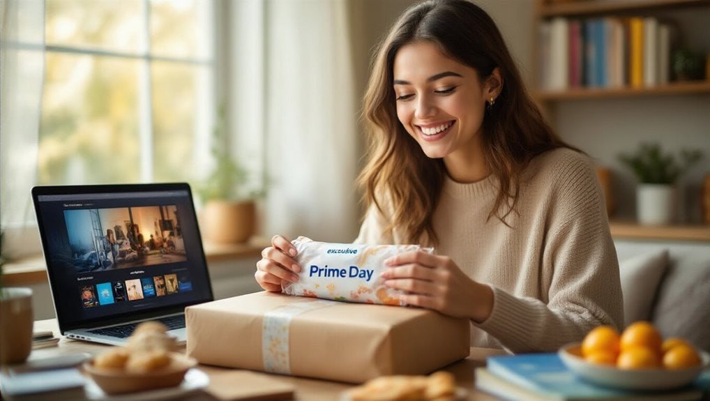 Prime Day sale shopping, woman opening Amazon Prime Day package at home, online retail deals, gift wrapping, happy expressions, cozy interior, holiday shopping, e-commerce, discount shopping, sale event.