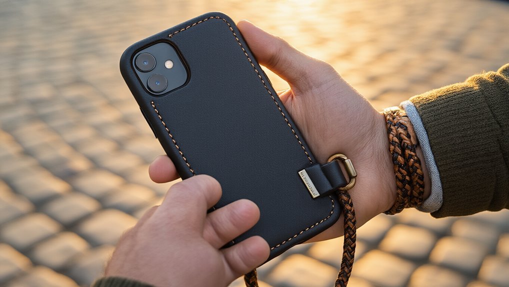 Dual-camera smartphone with a black protective case and wrist strap on cobblestone surface at sunset.